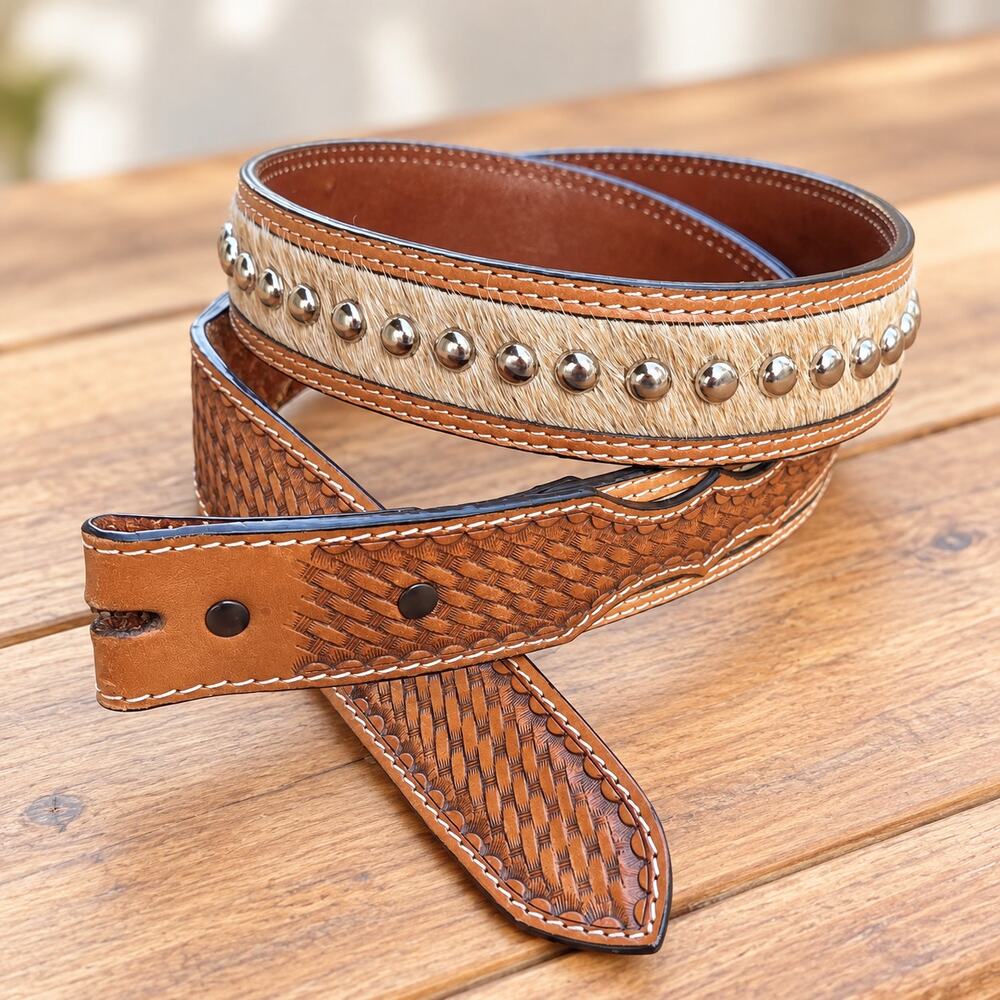 Nocona Men’s 42 Western Leather Hair-On Cowhide Studded Belt 1.5" No Buckle
